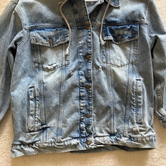 We The Free People Light Blue Denim Distressed Oversized Jacket Gray Hood Size M - Picture 7 of 11